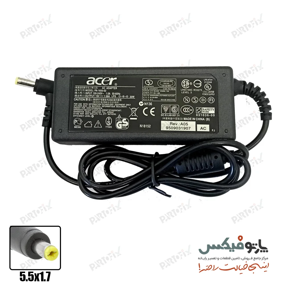 شارژر اورجینال لپ تاپ ایسر 19 ولت 1.58 آمپر 30 وات Acer کانکتور 1.7 * 5.5